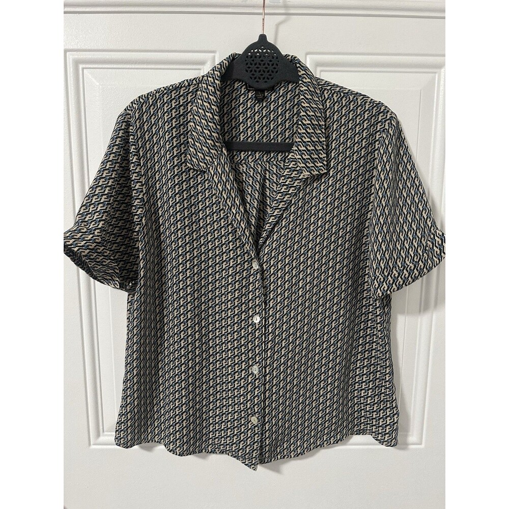 OLM Geometric Print Button Down Blouse Women’s Large Short Sleeve Top